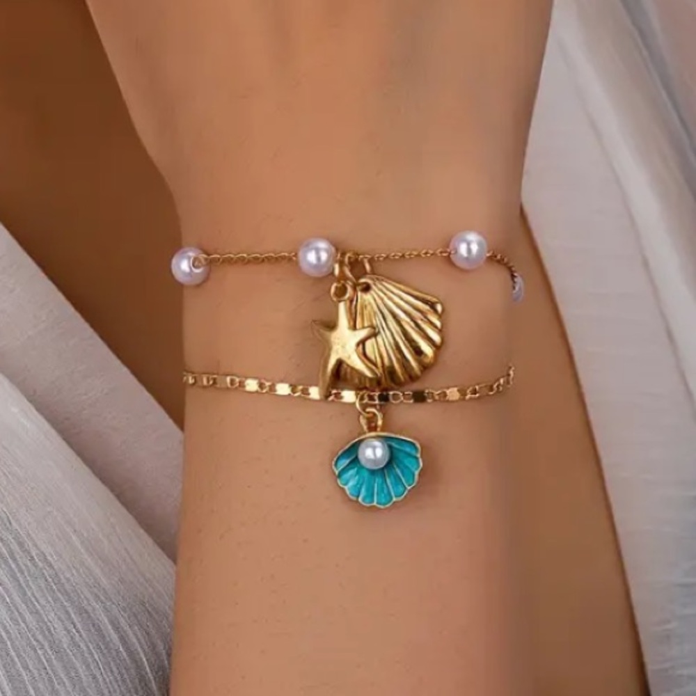 Seashell Pearl Starfish Blue Clam Shell Gold Toned Bracelet Set